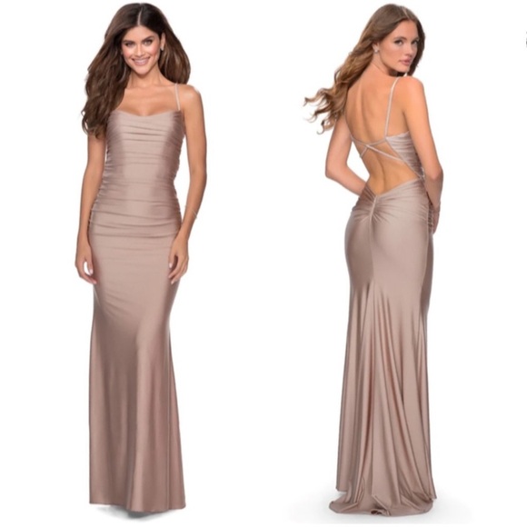 La Femme Dresses & Skirts - La Femme Strappy Back Ruched Trumpet Gown Maxi Dress 28398 in Nude Size 8 NWT